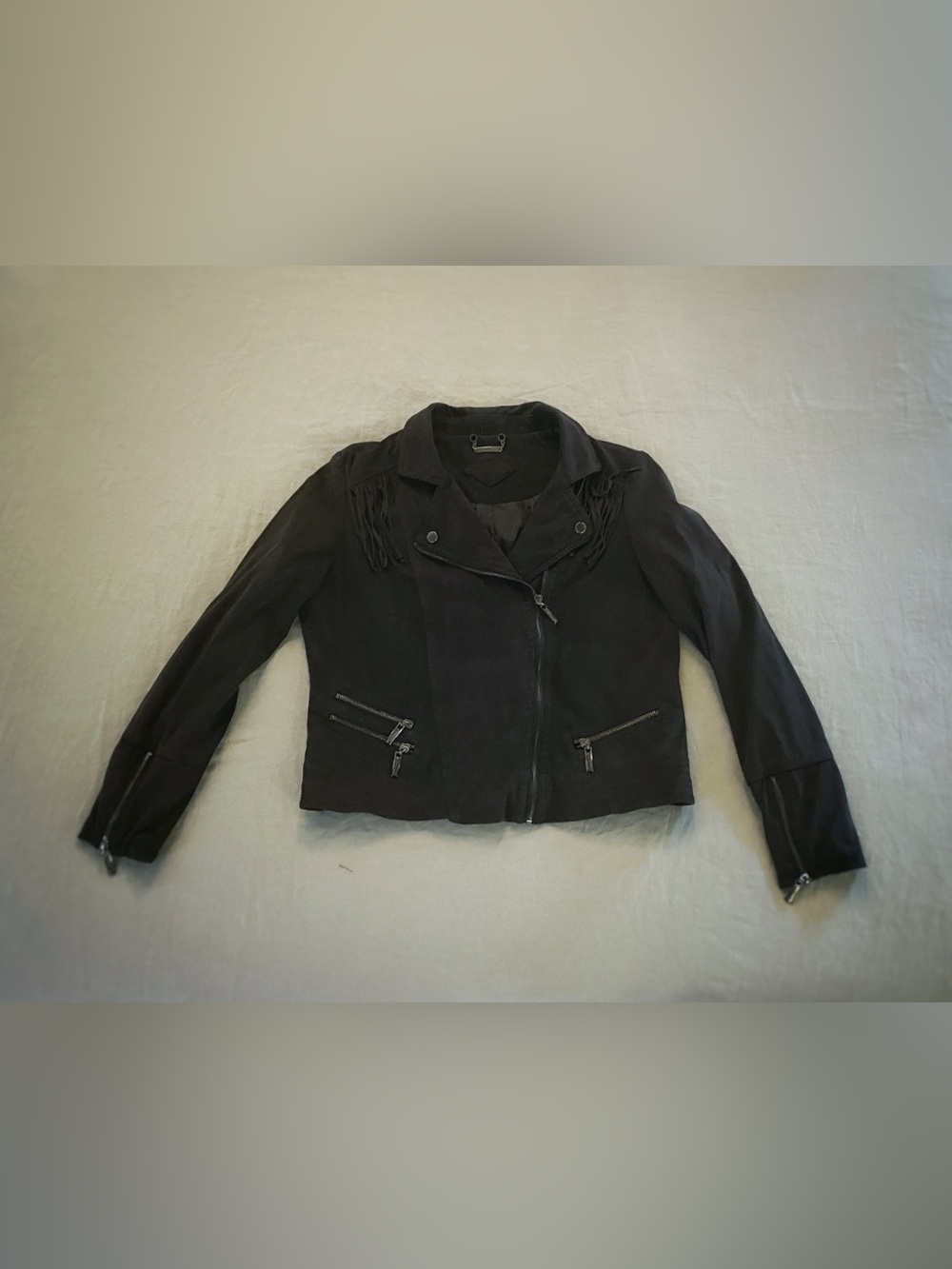 Black Vegan Suede Fringe Moto Jacket